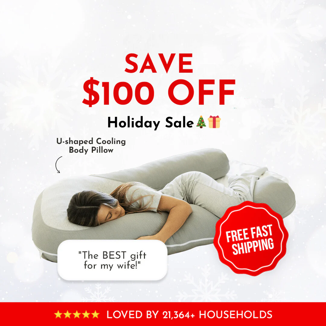 Cooling body pillow promotional image with product description